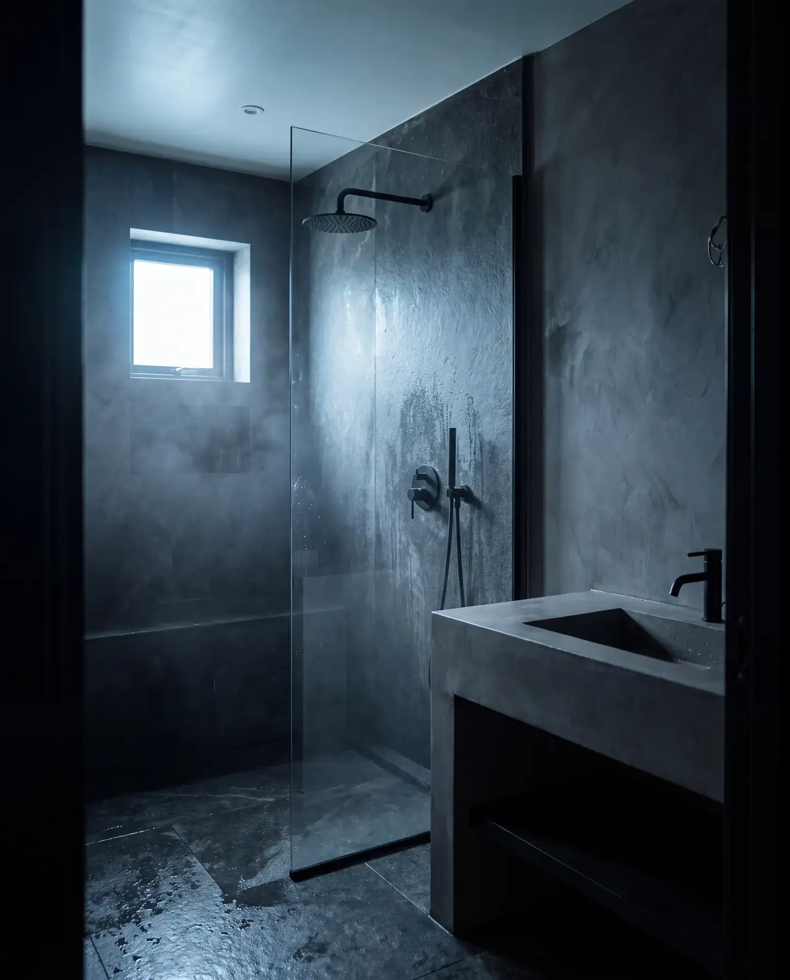 Baño reformado en microcemento oscuro con ducha de obra